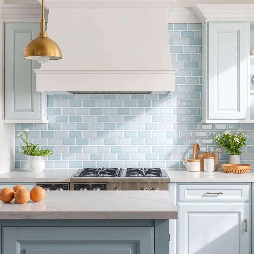 Błękitne płytki na ścianie nad blatem kuchennym