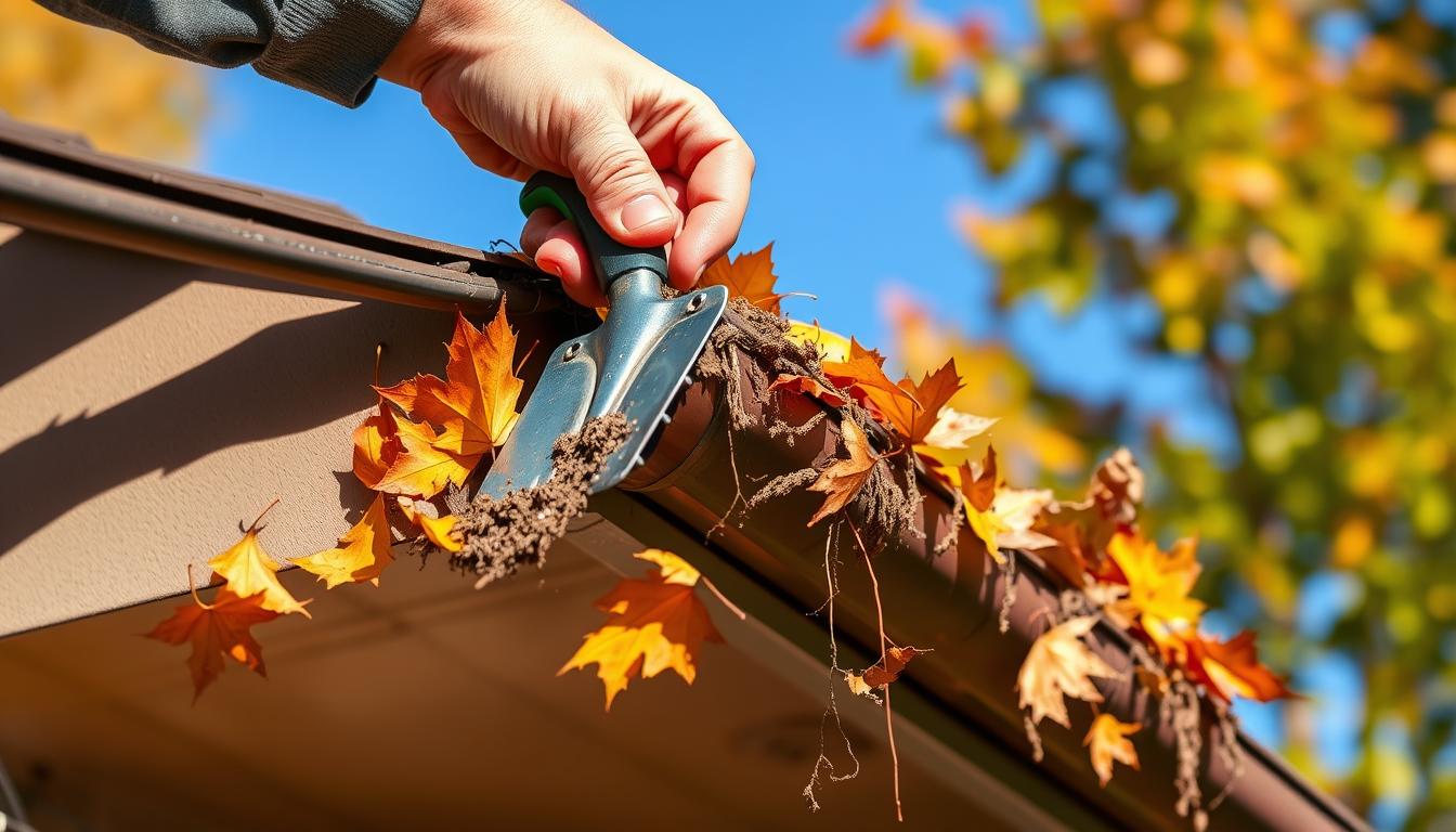 Czyszczenie rynien z nagromadzonych liści i zanieczyszczeń