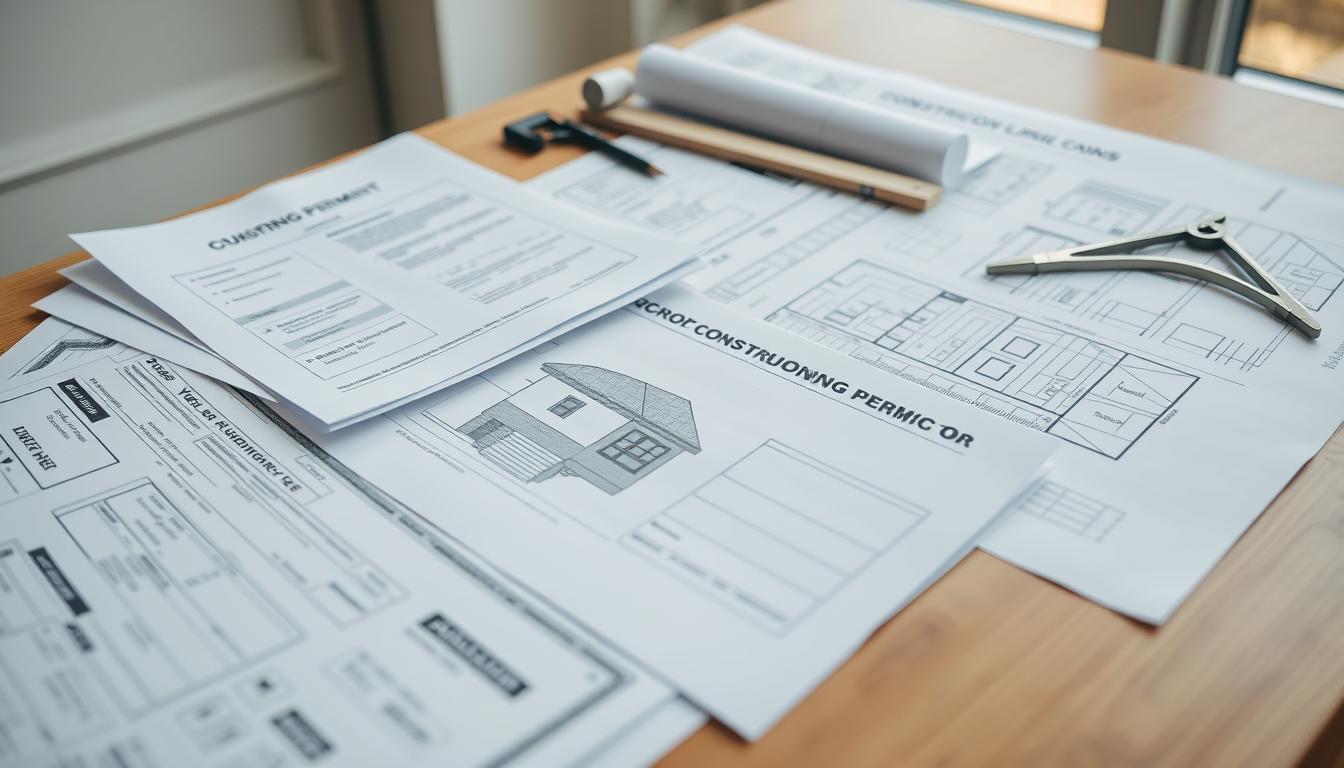 Dokumenty potrzebne do budowy domu rozłożone na stole - pozwolenie na budowę, projekt i plany