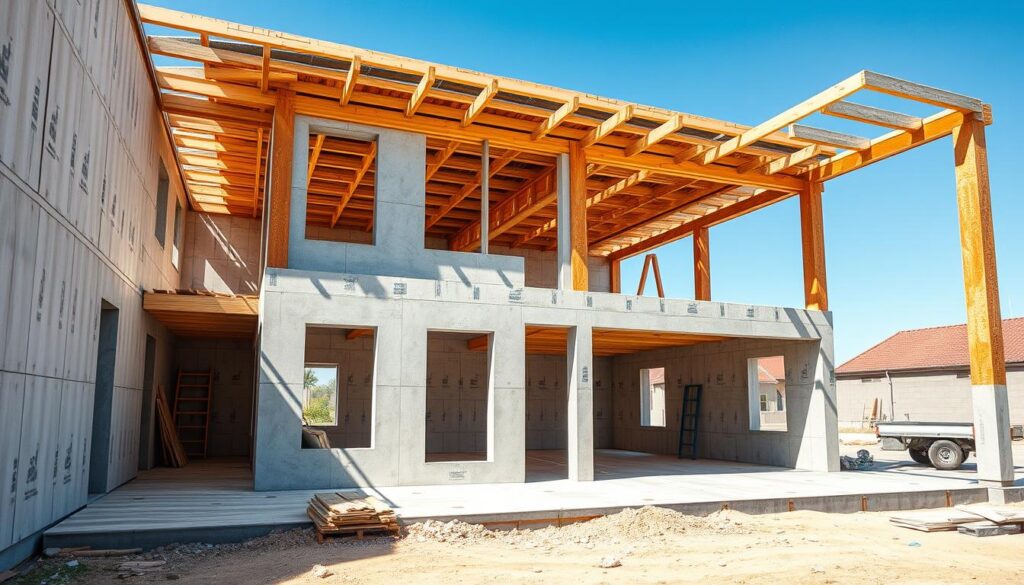 Dom w stanie surowym otwartym - widoczne ściany, stropy i konstrukcja dachu bez pokrycia