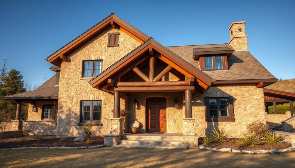 Dom w stylu rustykalnym z elewacją z kamienia i drewna