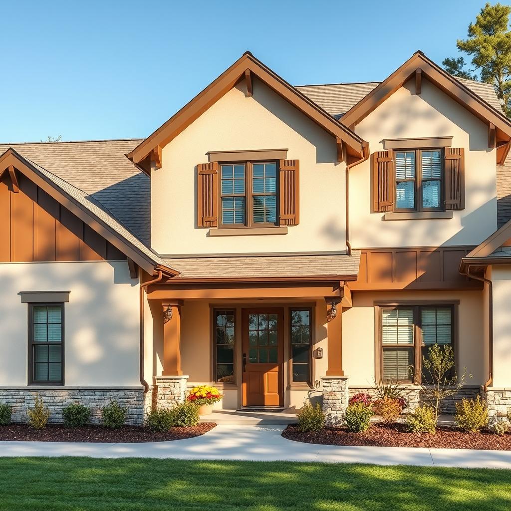 Dom z elewacją w odcieniu beżu z brązowymi akcentami