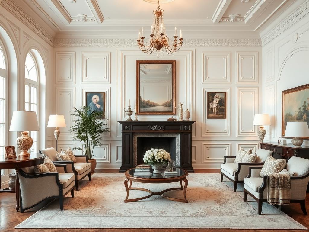 Elegancki salon ze ścianą wykończoną sztukateriami, które dodają wnętrzu klasycznego charakteru