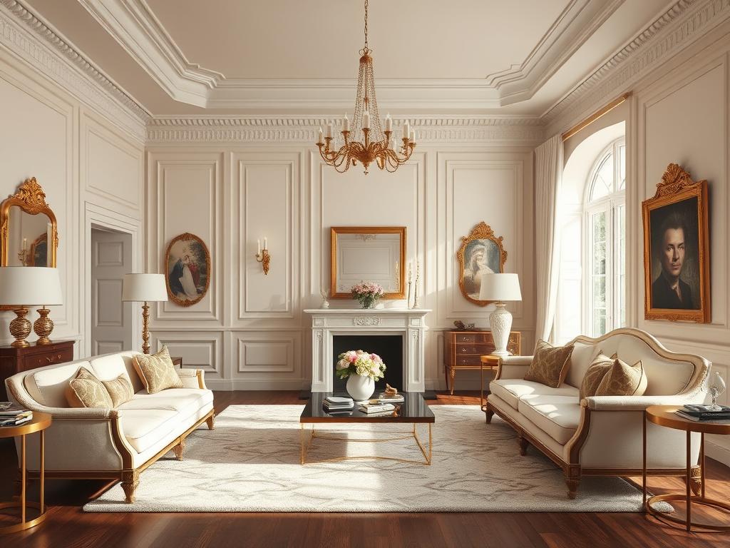 Elegancki salon ze złamaną bielą na ścianach, klasycznymi meblami i złotymi dodatkami