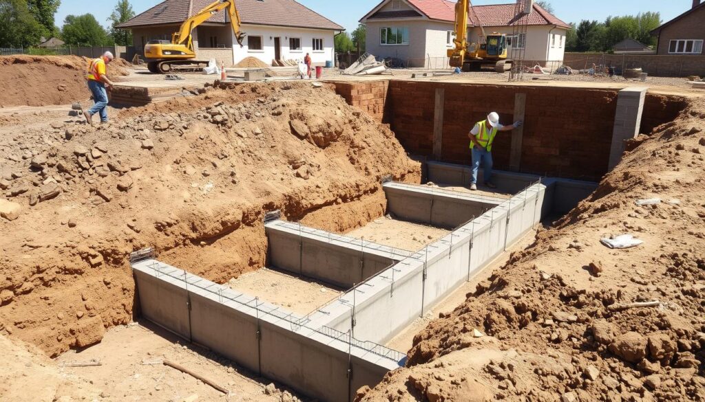 Fundamenty domu w trakcie budowy - stan zerowy z widocznymi wykopami i zbrojonymi fundamentami