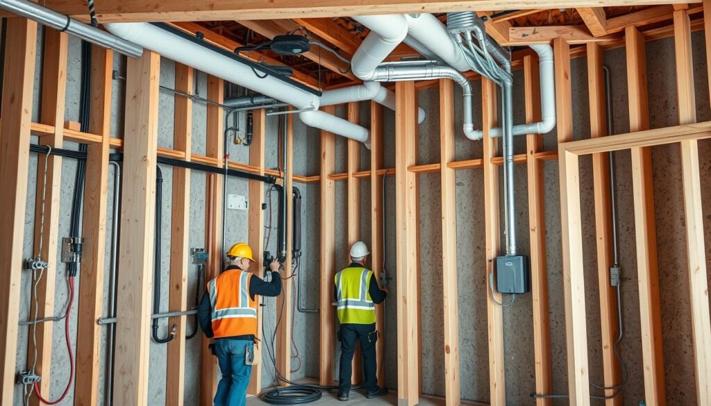 Instalacje elektryczne i hydrauliczne w trakcie montażu w domu w stanie surowym zamkniętym