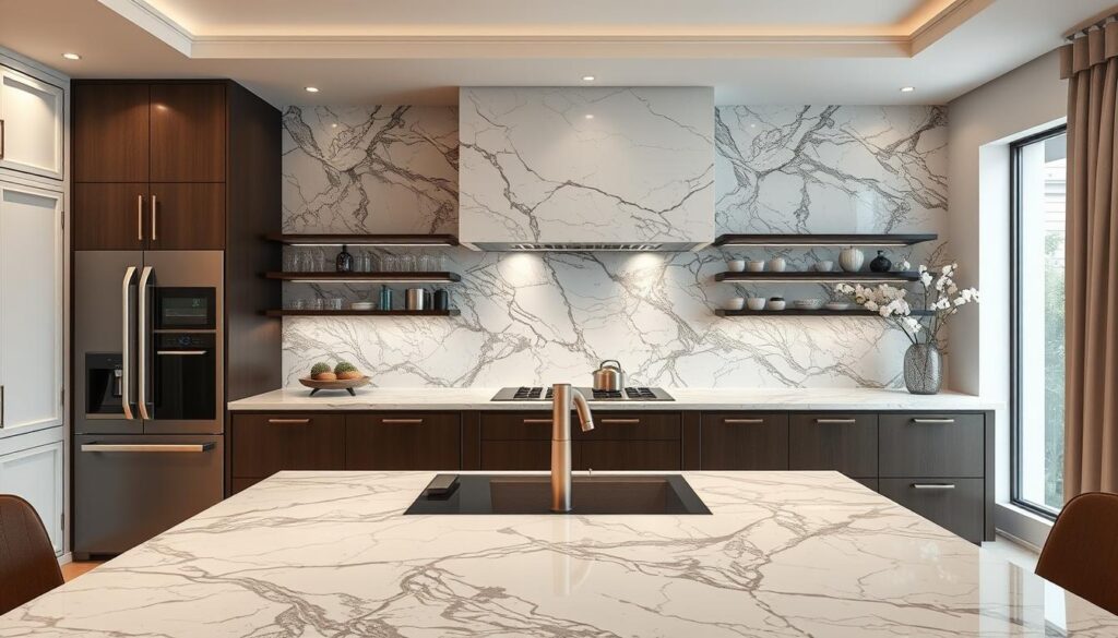 Kamienna ściana nad blatem w kuchni