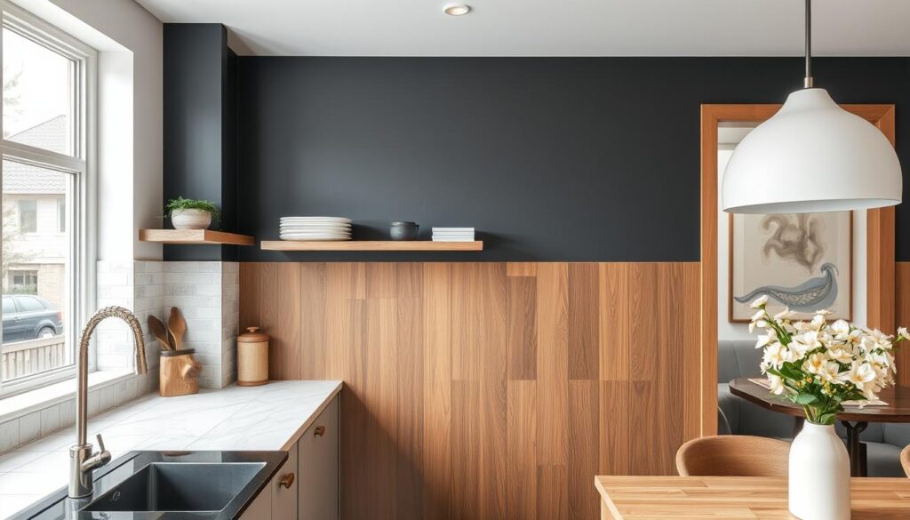 Łączenie różnych materiałów na ścianie nad blatem w kuchni