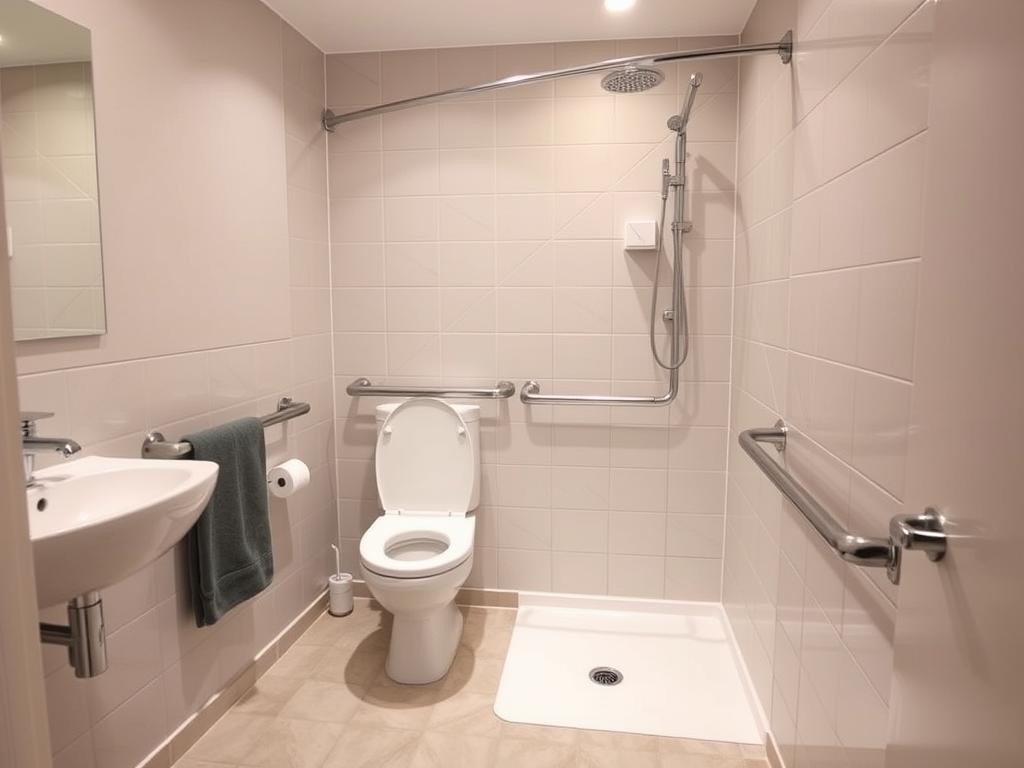 Łazienka dla seniora w bloku z uchwytami przy wannie i toalecie