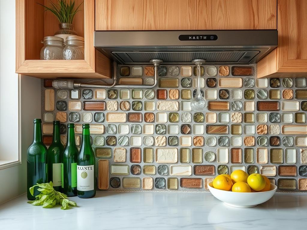 Materiały z recyklingu na ścianie nad blatem