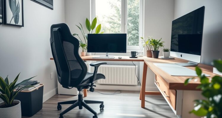 Nowoczesne domowe biuro z ergonomicznym fotelem, biurkiem i naturalnym oświetleniem
