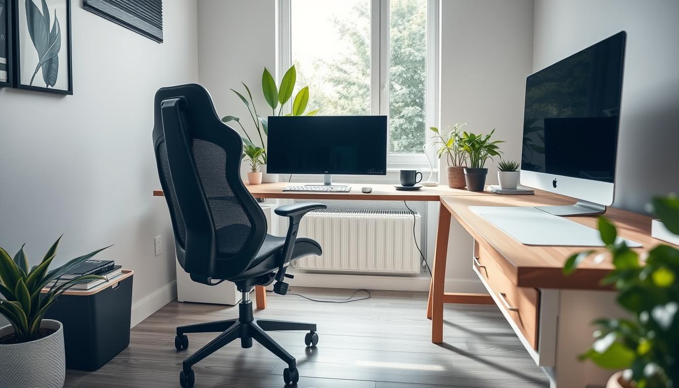 Nowoczesne domowe biuro z ergonomicznym fotelem, biurkiem i naturalnym oświetleniem