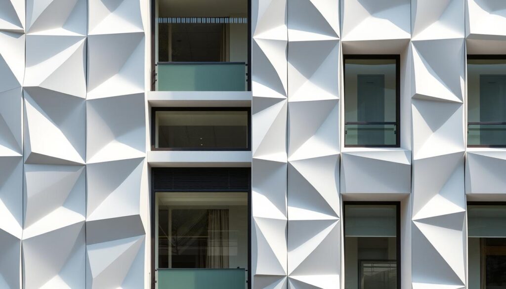 Nowoczesny budynek z elewacją z paneli 3D tworzących geometryczny wzór