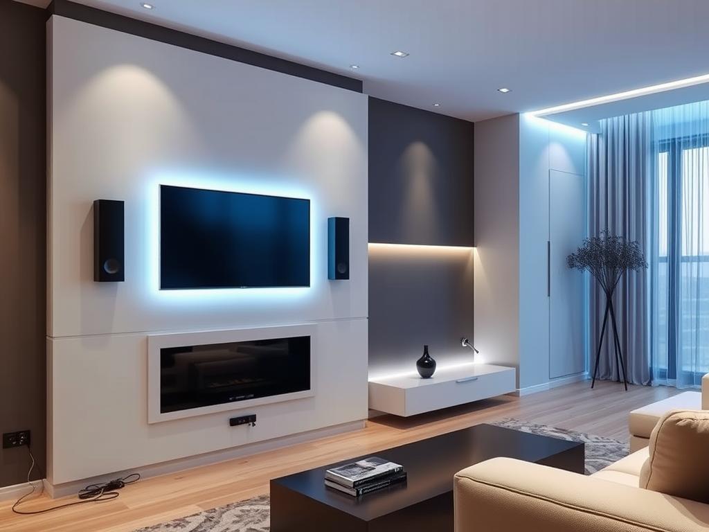 Nowoczesny salon ze ścianą multimedialną, która integruje telewizor i system audio w jedną estetyczną całość