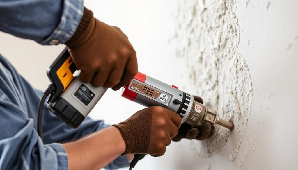 Osoba używająca młotowiertarki do skuwania tynku