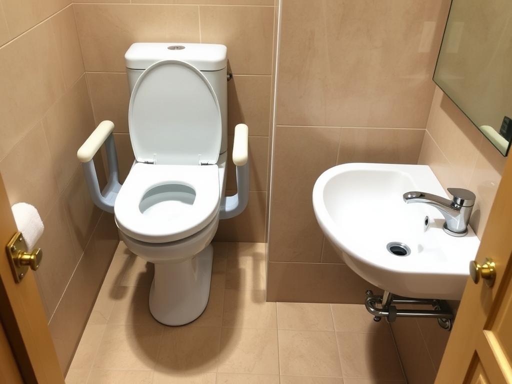 Podwyższona toaleta i odpowiednio zamontowana umywalka w łazience dla seniora w bloku