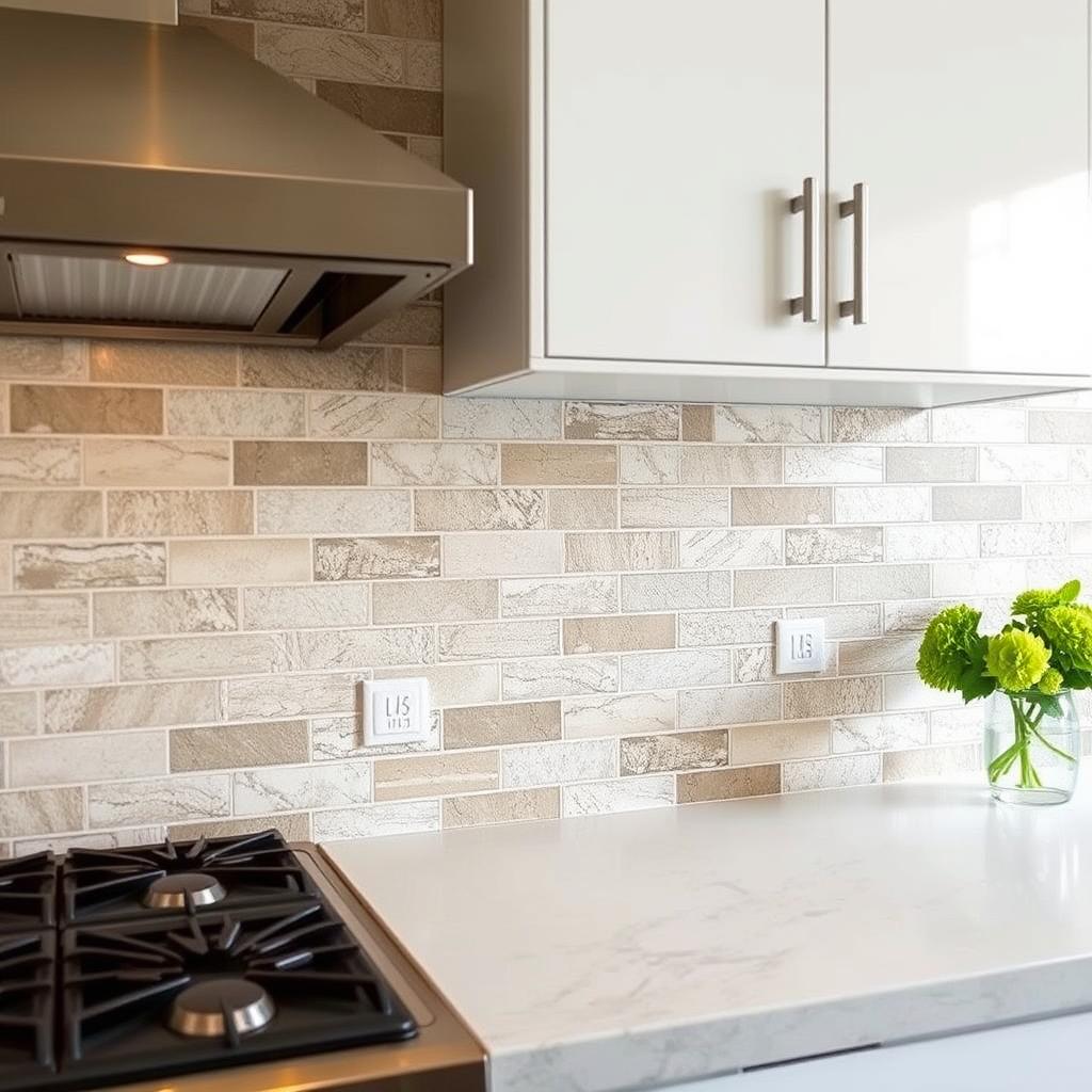 Połączenie płytek i metalu na ścianie nad blatem