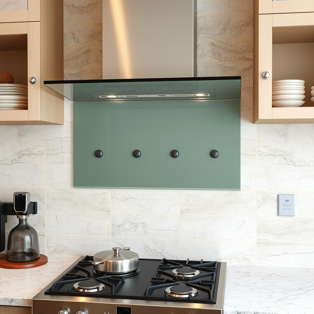 Połączenie szkła i kamienia na ścianie nad blatem