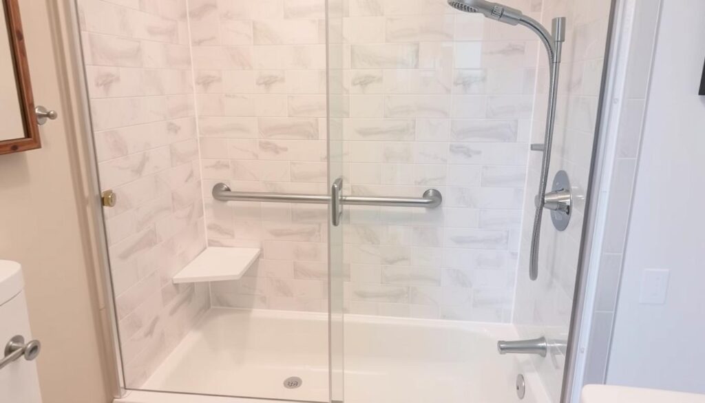 Prysznic typu walk-in w łazience dla seniora w bloku