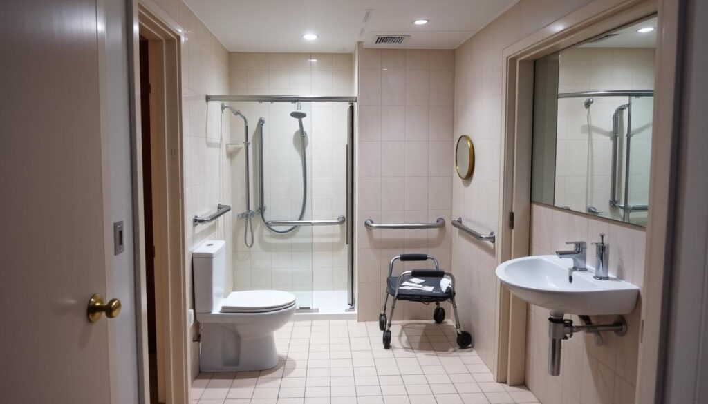 Przestronna łazienka dla seniora w bloku z miejscem manewrowym