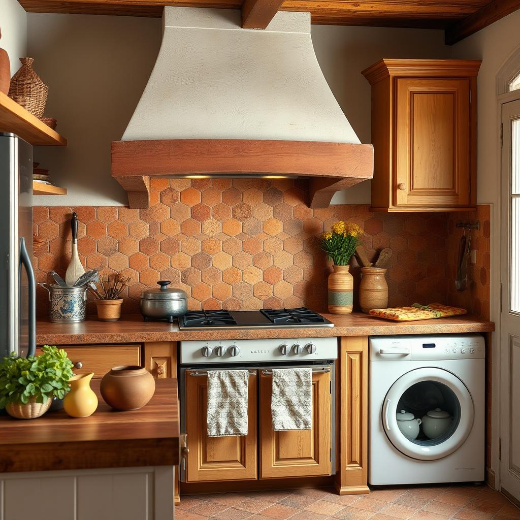 Ściana nad blatem w kuchni rustykalnej