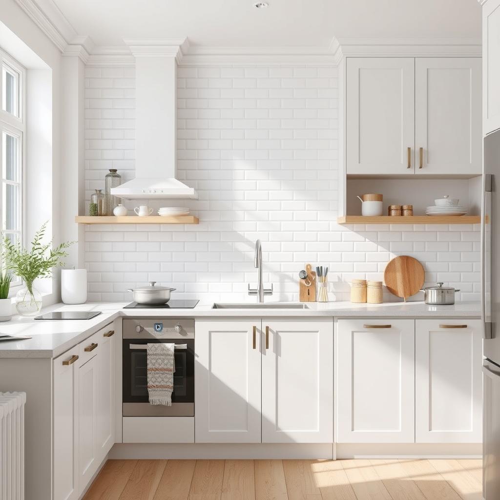 Ściana nad blatem w kuchni skandynawskiej