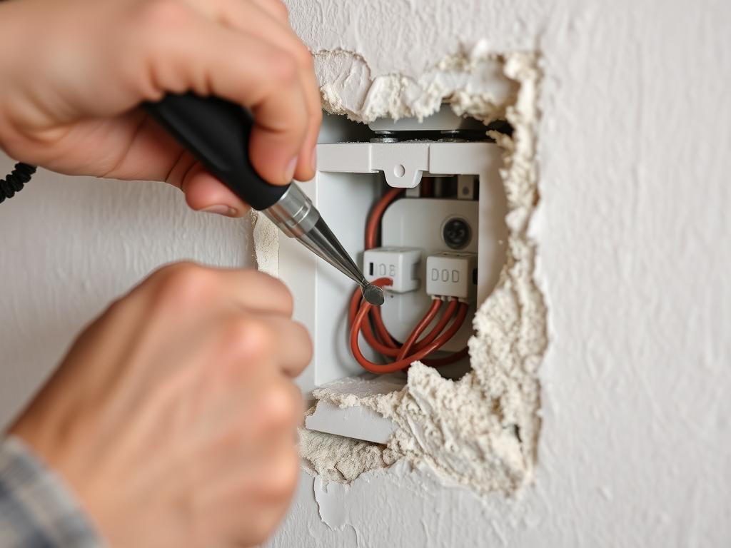 Skuwanie tynku w trudno dostępnym miejscu przy instalacji elektrycznej