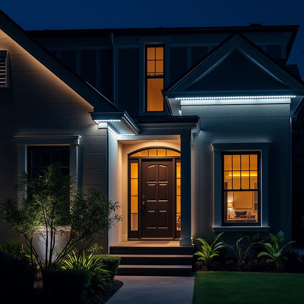 Taśmy LED podświetlające elementy elewacji domu