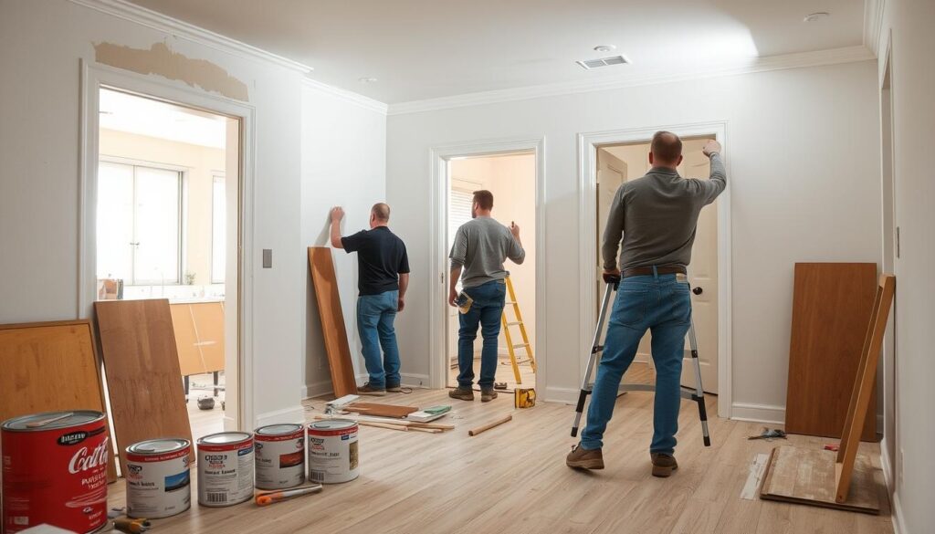 Wnętrze domu w trakcie prac wykończeniowych - malowanie ścian i układanie podłóg