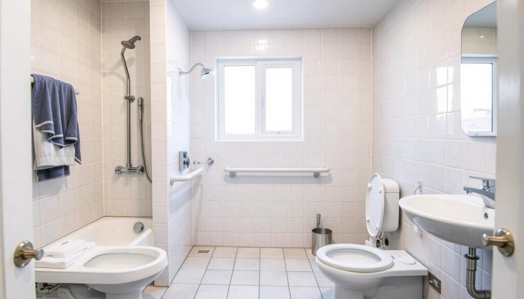 Zaadaptowana łazienka dla seniora w bloku z dofinansowaniem PFRON