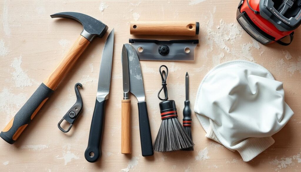 Zestaw narzędzi do skuwania tynku ułożonych na stole warsztatowym