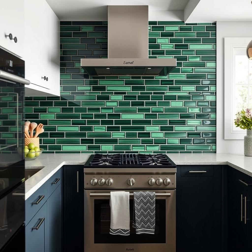 Zielone płytki na ścianie nad blatem